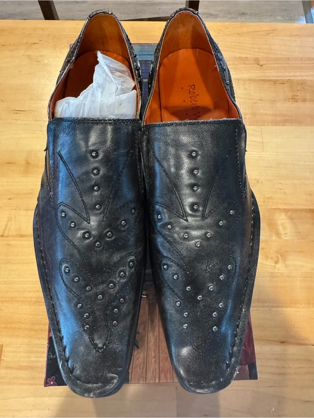 Robert Wayne Black Leather Slip-On Loafers with Stud Detailing